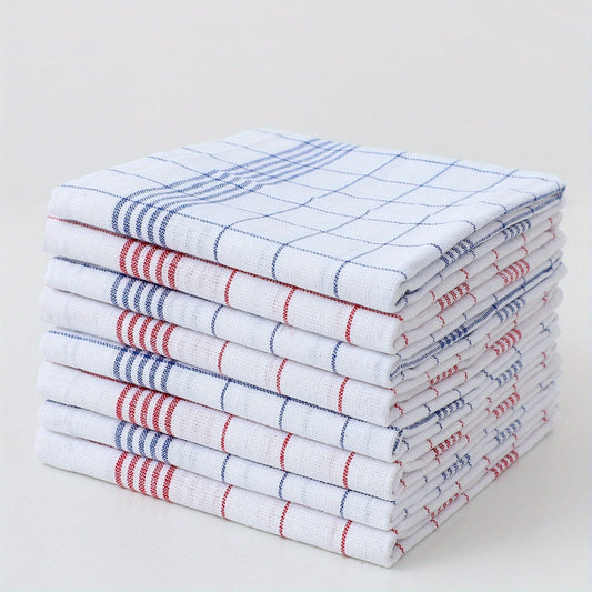 Pack of 12 kitchen towels in 2 colors (blue and red plaid), made of cotton knit with stripes and checkers. These multipurpose cloths are suitable for use in the home, living room, bedroom, outdoor, bathroom, and kitchen. They are reusable cleaning cloths