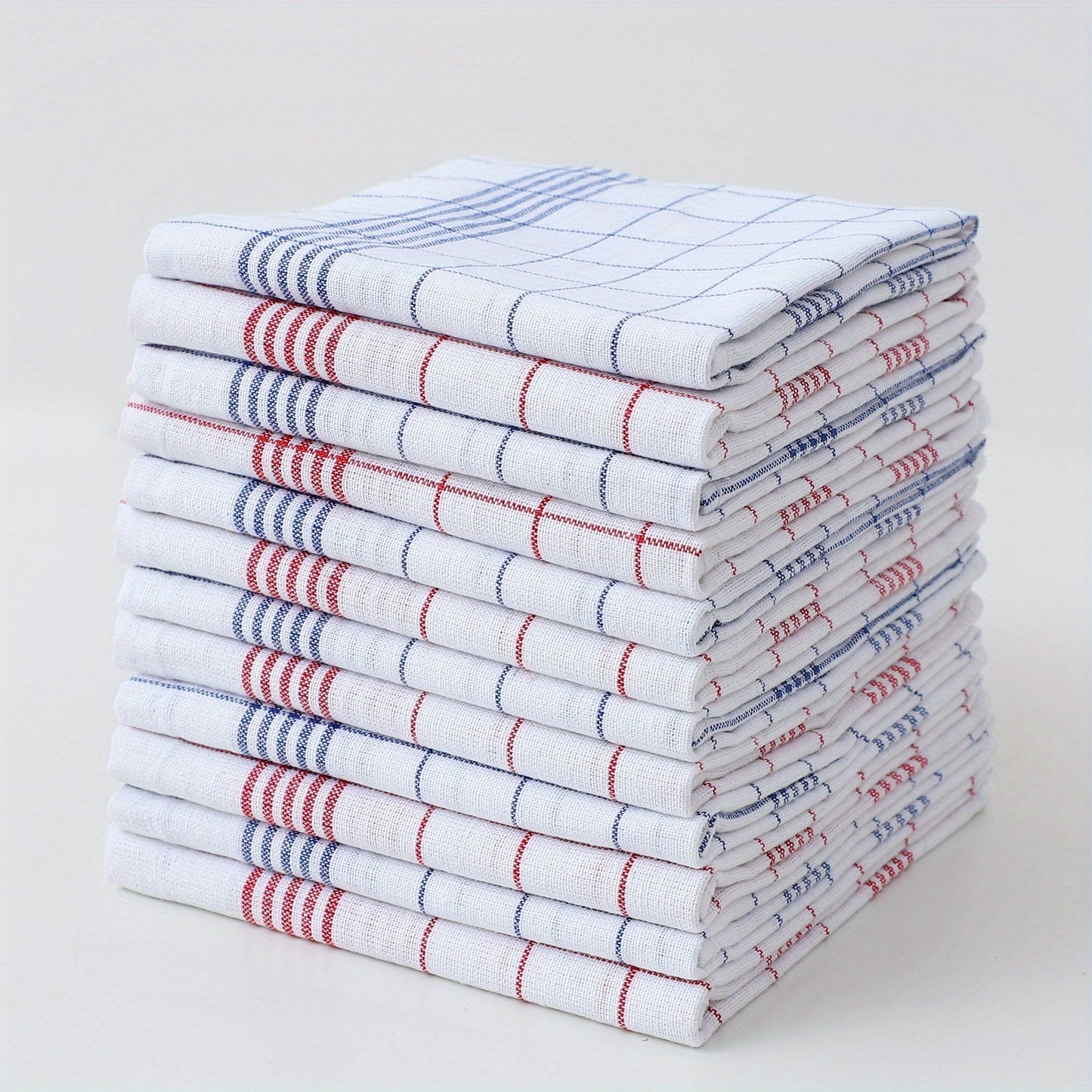 Pack of 12 kitchen towels in 2 colors (blue and red plaid), made of cotton knit with stripes and checkers. These multipurpose cloths are suitable for use in the home, living room, bedroom, outdoor, bathroom, and kitchen. They are reusable cleaning cloths