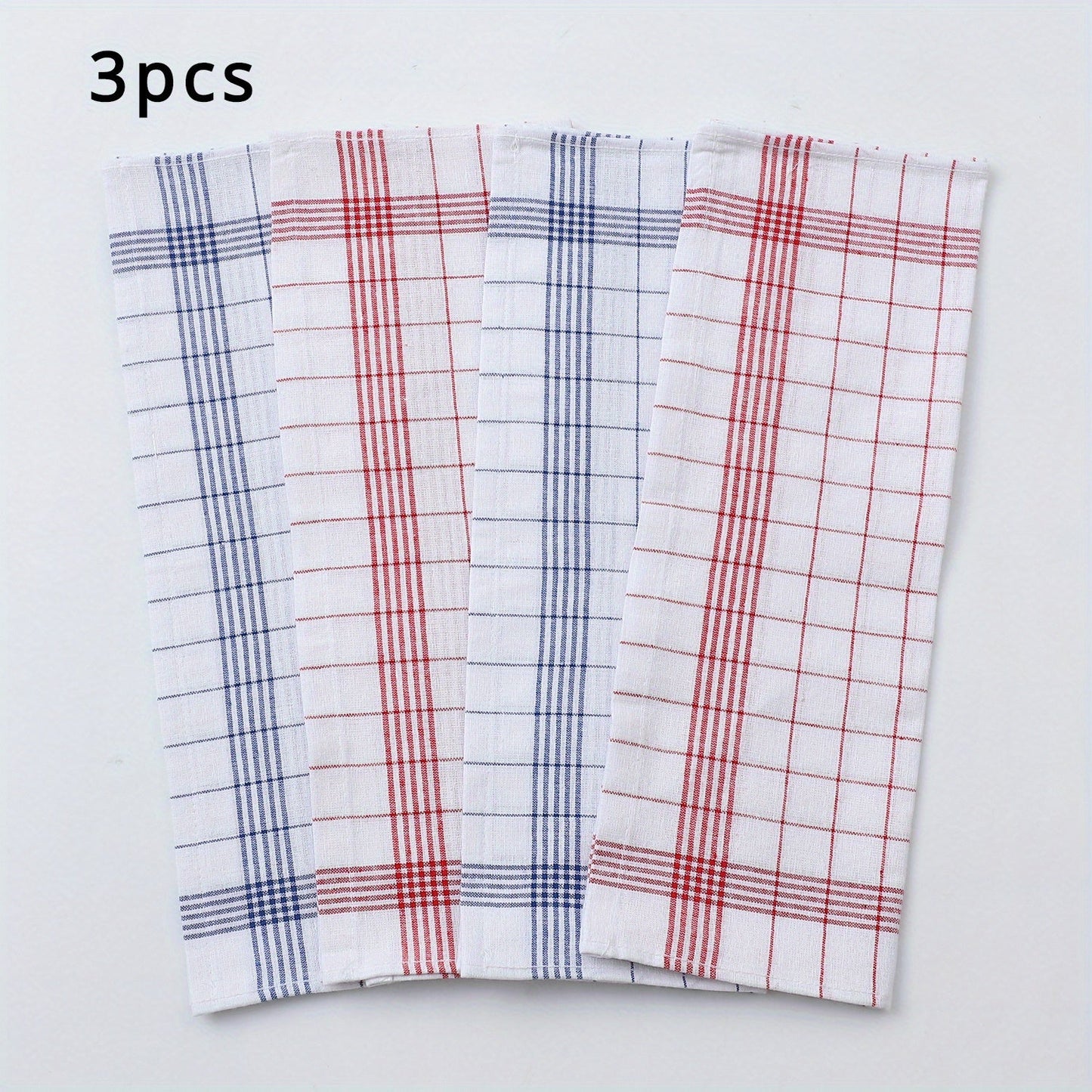 Pack of 12 kitchen towels in 2 colors (blue and red plaid), made of cotton knit with stripes and checkers. These multipurpose cloths are suitable for use in the home, living room, bedroom, outdoor, bathroom, and kitchen. They are reusable cleaning cloths