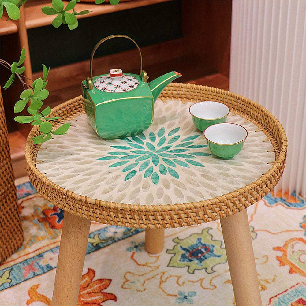 Colorful, Contemporary Luxury Coffee Table with Storage, Handmade from Rattan in Shell Shape for Kitchen and Dining Room