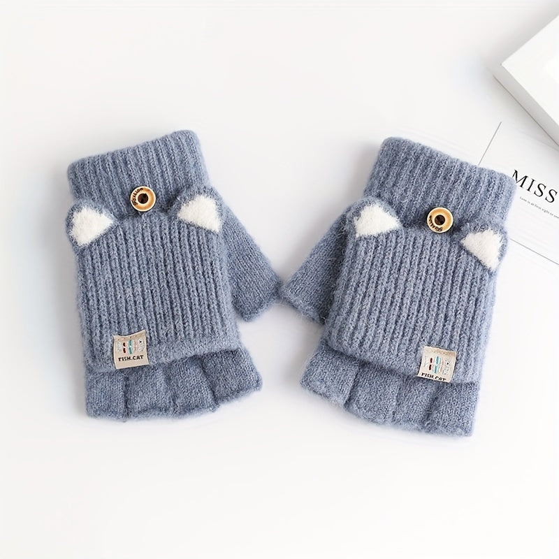 Warm and Windproof Fingerless Gloves for Girls with Cat Ear Design - Made of Soft Polyester, Perfect for Outdoor Activities