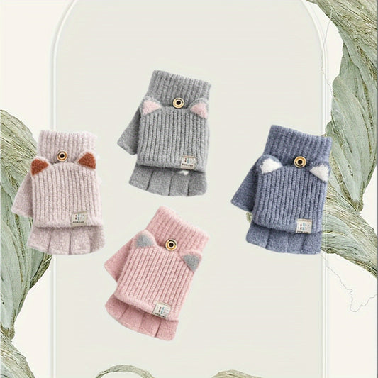 Warm and Windproof Fingerless Gloves for Girls with Cat Ear Design - Made of Soft Polyester, Perfect for Outdoor Activities