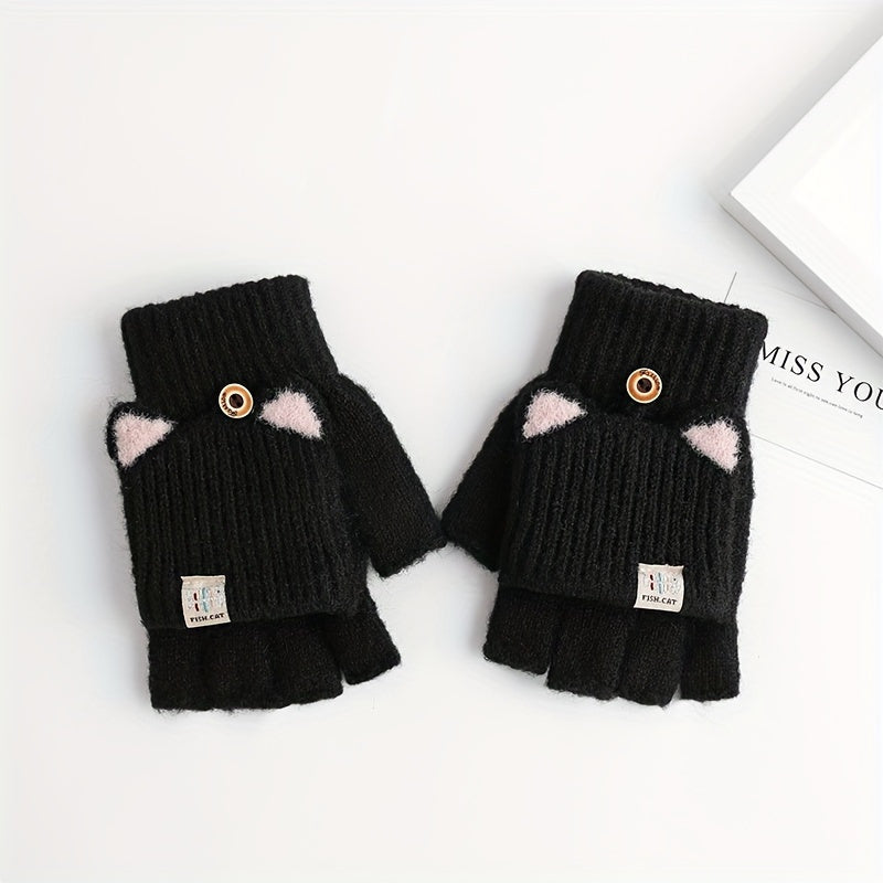 Warm and Windproof Fingerless Gloves for Girls with Cat Ear Design - Made of Soft Polyester, Perfect for Outdoor Activities