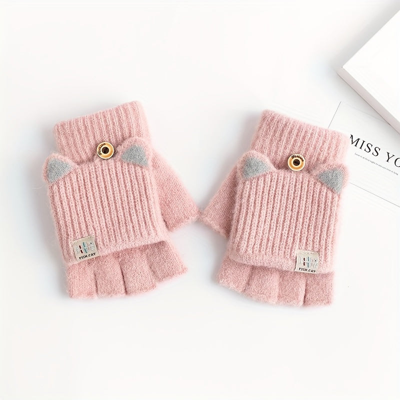 Warm and Windproof Fingerless Gloves for Girls with Cat Ear Design - Made of Soft Polyester, Perfect for Outdoor Activities