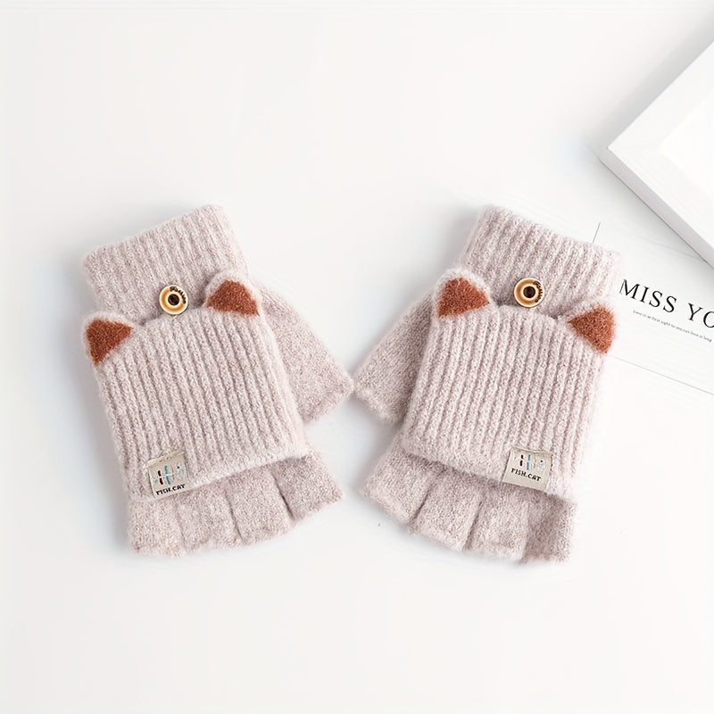 Warm and Windproof Fingerless Gloves for Girls with Cat Ear Design - Made of Soft Polyester, Perfect for Outdoor Activities