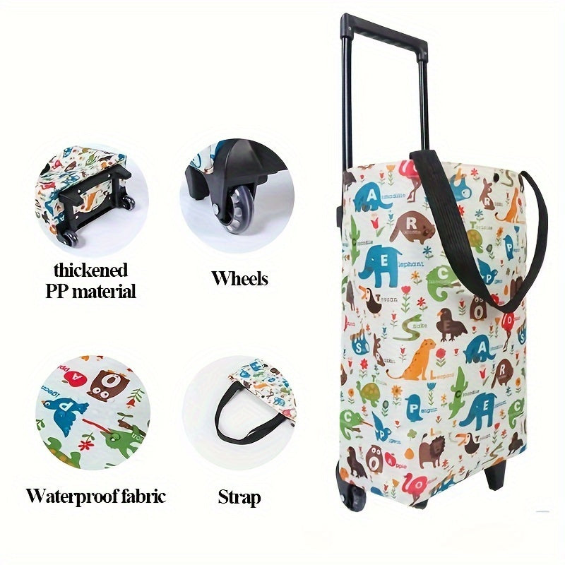 Foldable shopping cart with wheels, large capacity, waterproof Oxford fabric, versatile for outdoor, commercial use, groceries.