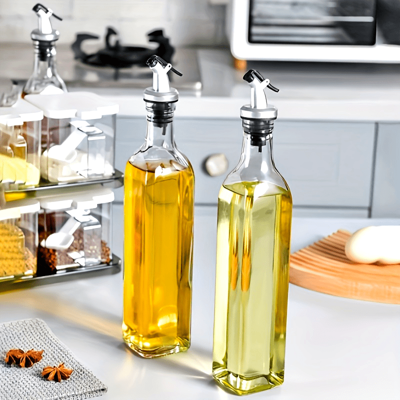 Premium Glass Oil Dispenser Bottle, Leak-Proof Olive Oil Container for Kitchen, BBQ, Camping, Picnic - Square Seasoning Bottle, Hand Wash Only, PVC-Free, Available in 1 or 2 piece set.