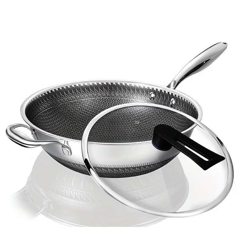 High-quality Stainless Steel Wok with Non-Stick Honeycomb Design, Sturdy and Long-lasting, Ideal for Cooking in the Home Kitchen