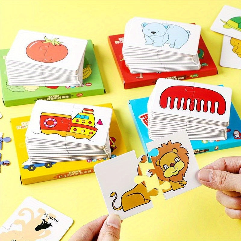 Educational puzzle set for kids with characters, occupations, fruits, vegetables, and vehicles — promotes cognitive development with colorful flashcards.