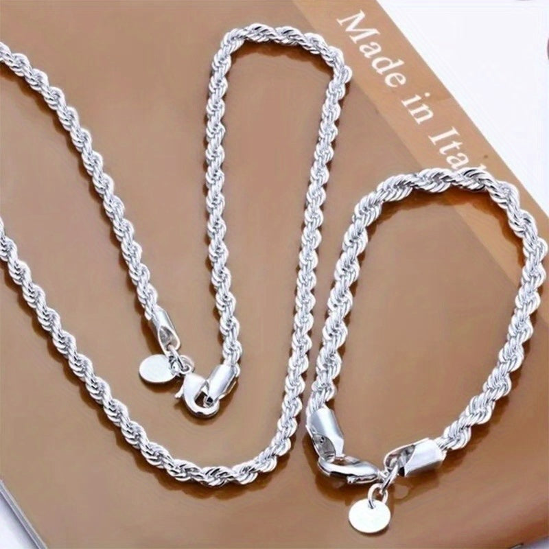 925 Silver Plated Jewelry Set featuring an Elegant Hip Hop Boho Style Necklace and Bracelet Combo with a Twisted Rope Design. Perfect for Women's Fashion Accessories for Daily Wear or Gifting, Ideal for the Christmas Season. This Necklace Set offers a