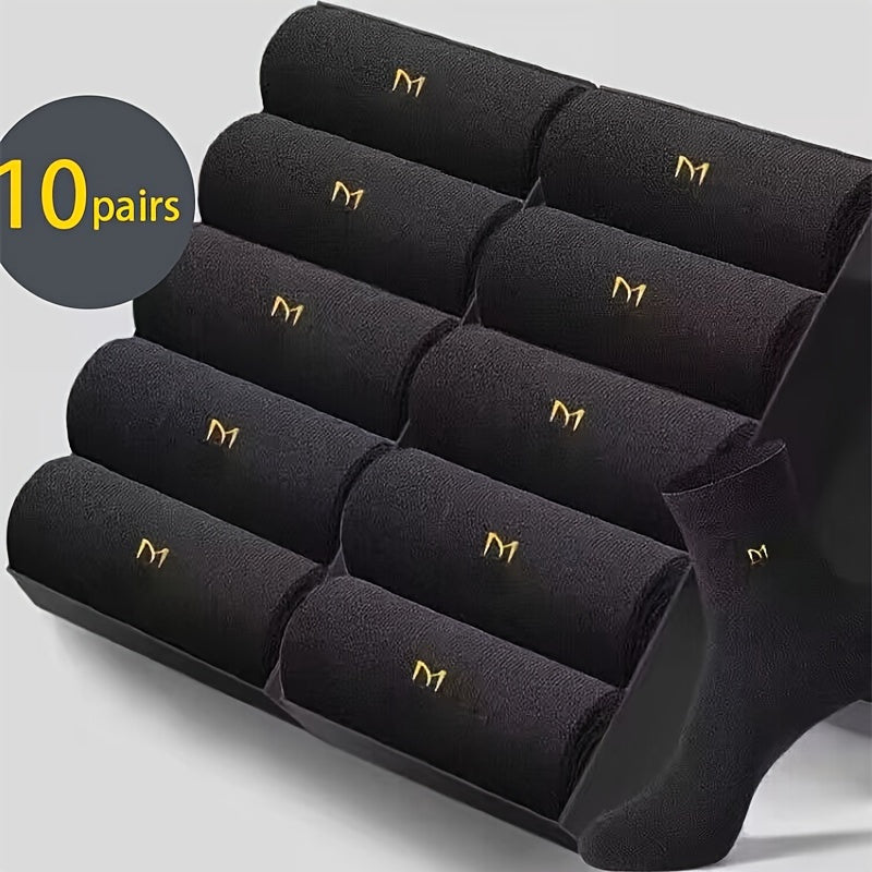 10 Pairs Men's Cotton Blend Socks, Mid-Calf Length, Breathable, Business Casual Style, Solid Color with Letter Pattern, Hand Wash, Polyester & Spandex Blend.