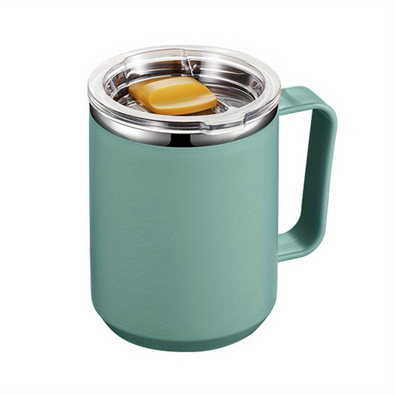 Stainless steel coffee mug with handle and lid, leak-proof, insulated, ideal for office & outdoor use, available in multiple colors.