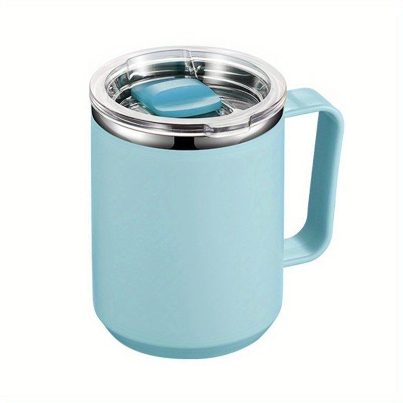 Stainless steel coffee mug with handle and lid, leak-proof, insulated, ideal for office & outdoor use, available in multiple colors.