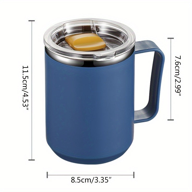 Stainless steel coffee mug with handle and lid, leak-proof, insulated, ideal for office & outdoor use, available in multiple colors.