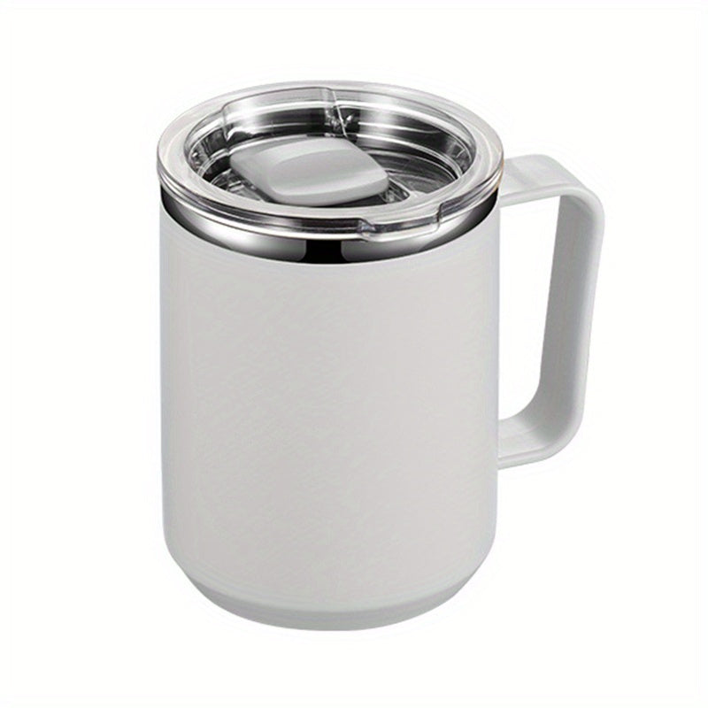 Stainless steel coffee mug with handle and lid, leak-proof, insulated, ideal for office & outdoor use, available in multiple colors.