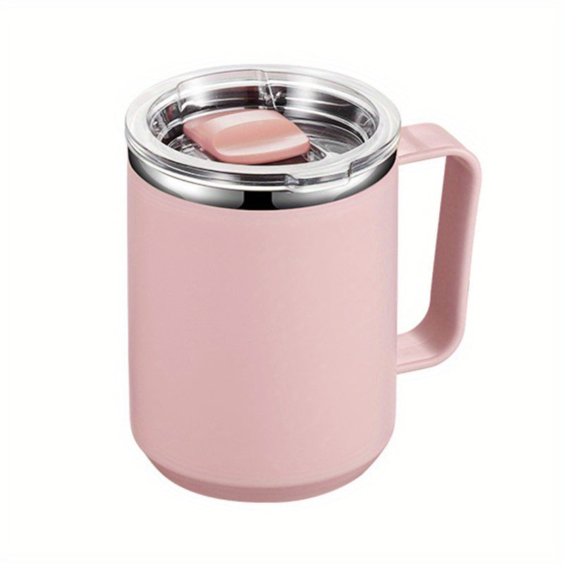 Stainless steel coffee mug with handle and lid, leak-proof, insulated, ideal for office & outdoor use, available in multiple colors.