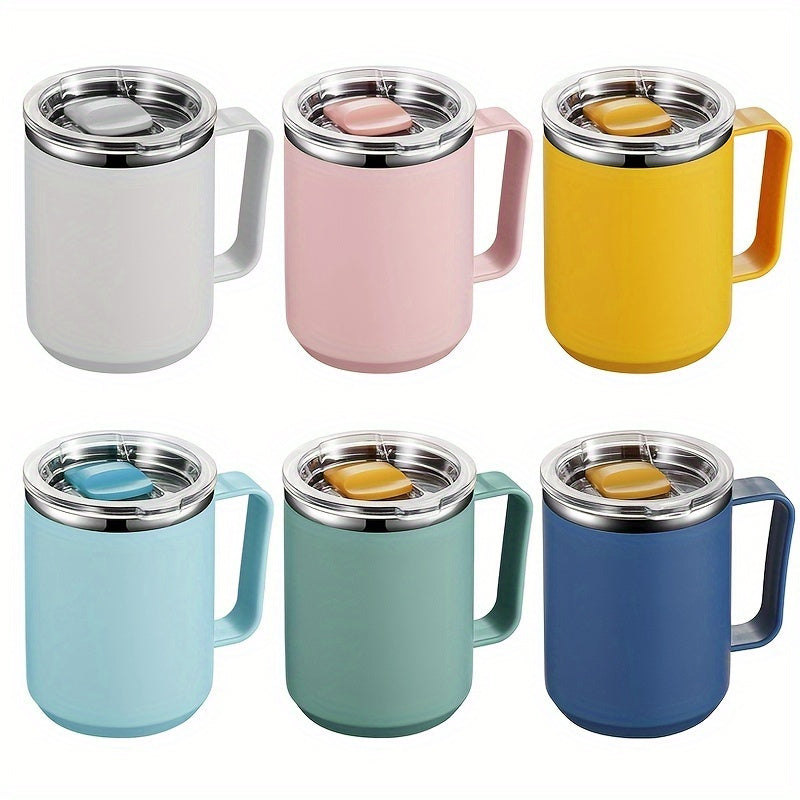 Stainless steel coffee mug with handle and lid, leak-proof, insulated, ideal for office & outdoor use, available in multiple colors.