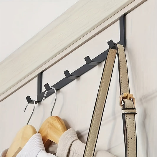 Fashionable over-the-door hook rack with 5 hooks for hanging coats, hats, towels; can be mounted on walls without drilling; versatile organizer for various rooms; made of durable material.