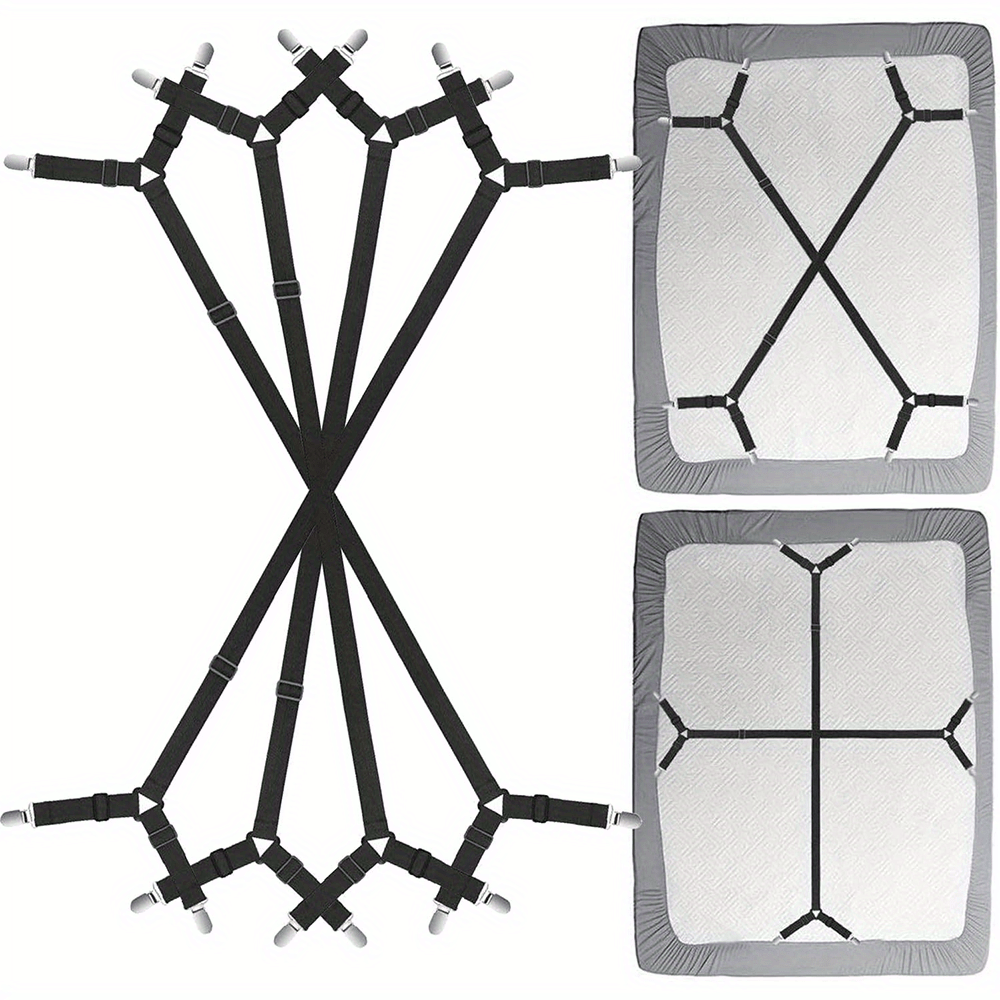 Set of 4 Adjustable Bed Sheet Straps in Black - Elastic Corner Grippers with Buckle Fasteners for a Secure Fit, Made of Knit Fabric, Hand Wash Recommended - Keep Your Bed Sheets Secure and Wrinkle-Free for a Restful Sleep