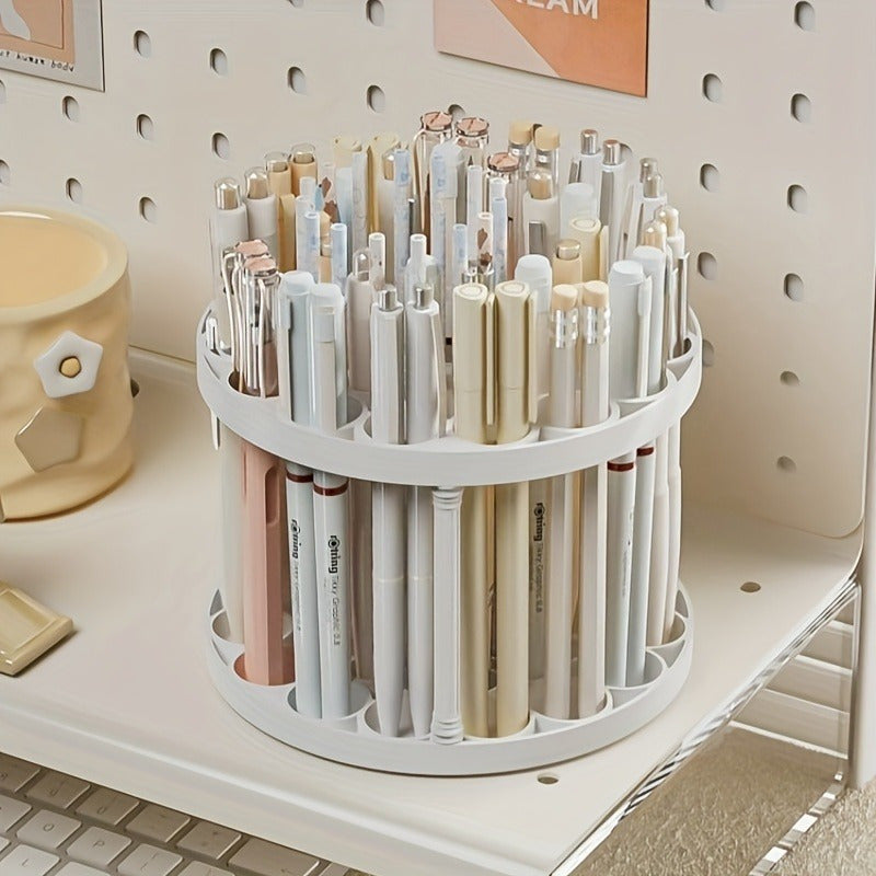 Rotating paint brush organizer with varnish finish, detachable for art brushes, pens, and makeup tools. Compact white desk accessory.