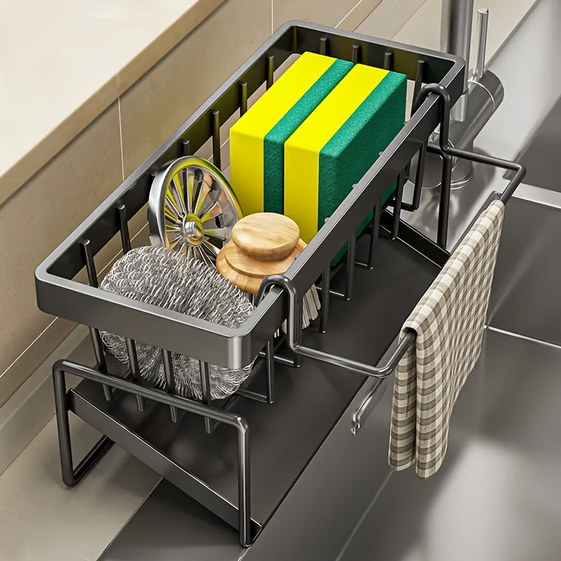 The Space-Saving Kitchen Sink Organizer with Rag Holder is Ideal for Storing Sponges, Soap, Brushes, and Towels