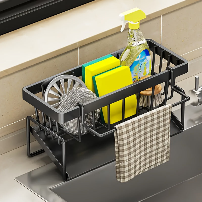 The Space-Saving Kitchen Sink Organizer with Rag Holder is Ideal for Storing Sponges, Soap, Brushes, and Towels