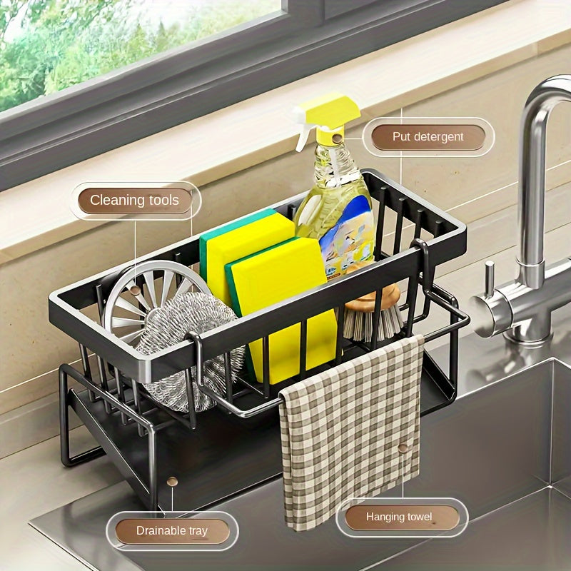 The Space-Saving Kitchen Sink Organizer with Rag Holder is Ideal for Storing Sponges, Soap, Brushes, and Towels