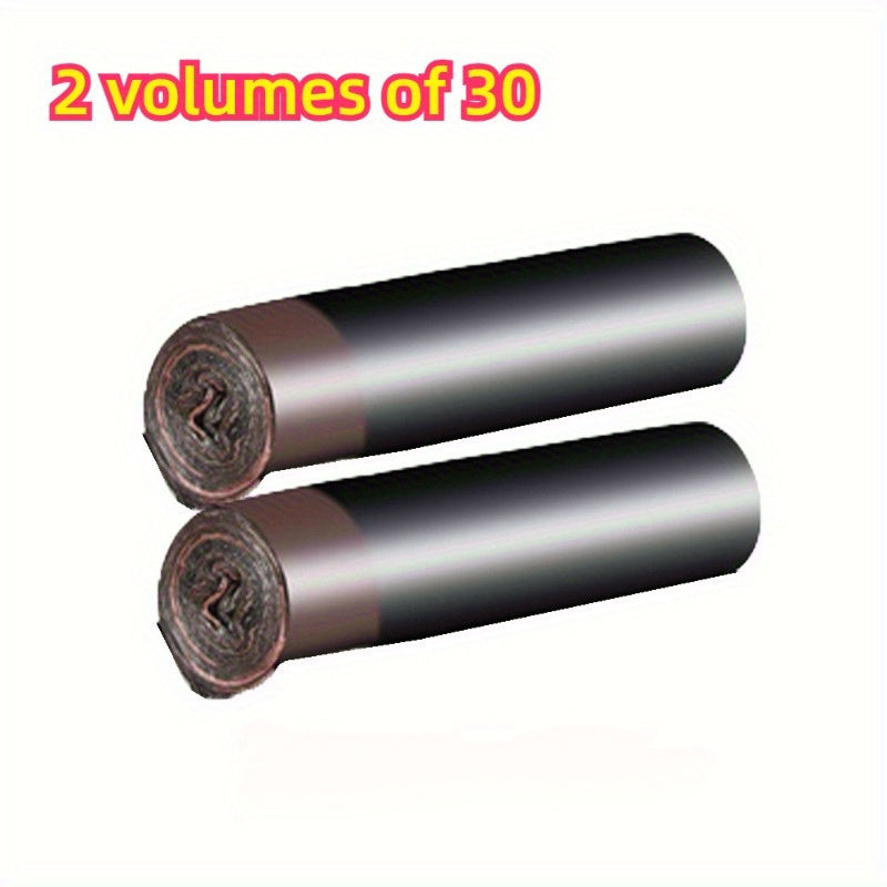 Two rolls containing 30 extra-large black trash bags each, designed to be durable and leak-proof for cleaning in various areas of the home including the kitchen, bathroom, bedroom, living room, and for outdoor use.