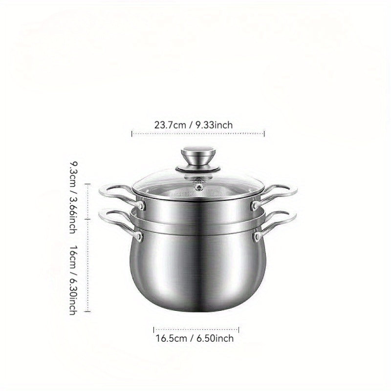 Multi-functional stainless steel cooking pot comes with a lid, ideal for cooking soups, porridge, and noodles. Suitable for use on induction and gas stoves, as well as with steamers and other kitchen utensils. Perfect for hot pot meals.