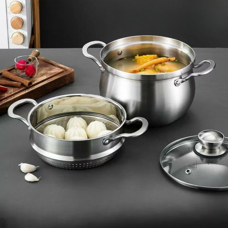 Multi-functional stainless steel cooking pot comes with a lid, ideal for cooking soups, porridge, and noodles. Suitable for use on induction and gas stoves, as well as with steamers and other kitchen utensils. Perfect for hot pot meals.