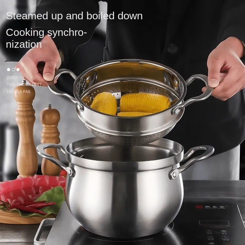 Multi-functional stainless steel cooking pot comes with a lid, ideal for cooking soups, porridge, and noodles. Suitable for use on induction and gas stoves, as well as with steamers and other kitchen utensils. Perfect for hot pot meals.