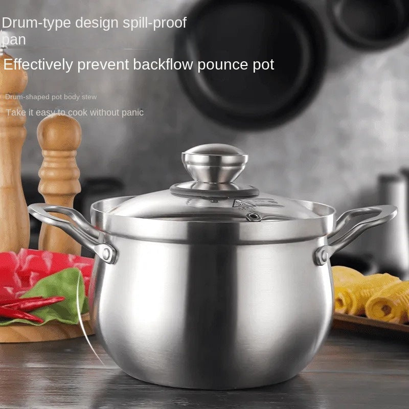 Multi-functional stainless steel cooking pot comes with a lid, ideal for cooking soups, porridge, and noodles. Suitable for use on induction and gas stoves, as well as with steamers and other kitchen utensils. Perfect for hot pot meals.