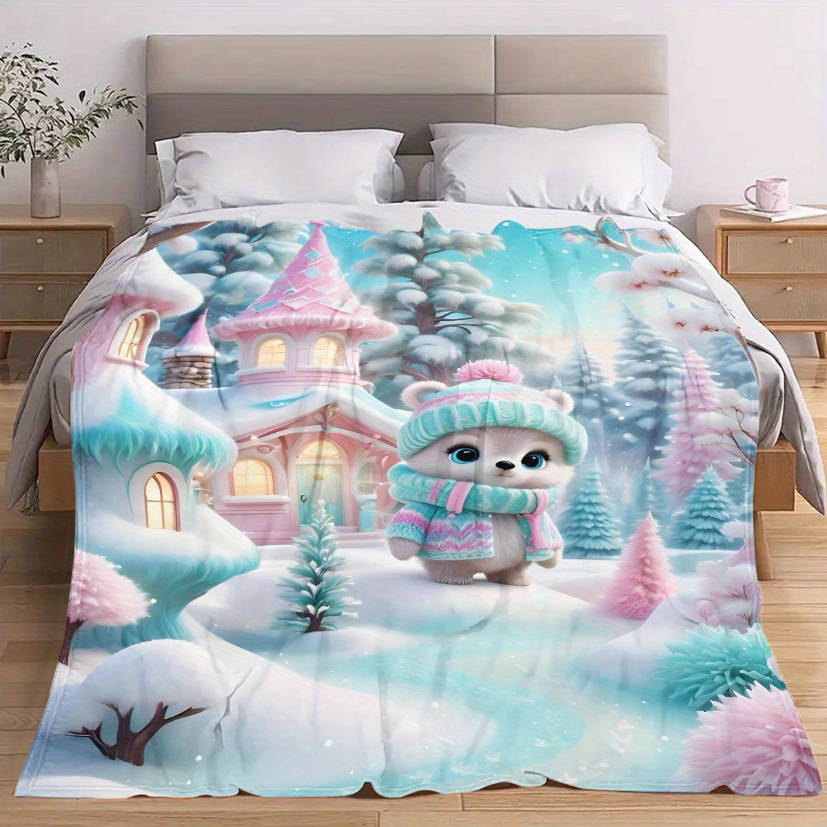 Stay warm and cozy with our winter wonderland flannel throw blanket featuring a cute bear and fairy tale house design. This blanket is soft, warm, and lightweight, perfect for use on your sofa, bed, while traveling, camping, or in your living room or