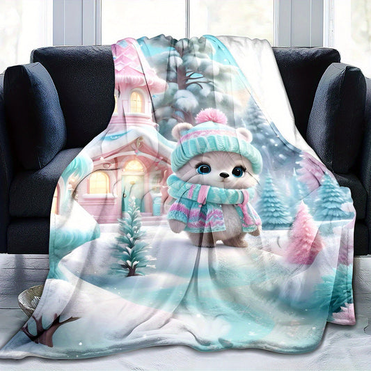 Stay warm and cozy with our winter wonderland flannel throw blanket featuring a cute bear and fairy tale house design. This blanket is soft, warm, and lightweight, perfect for use on your sofa, bed, while traveling, camping, or in your living room or