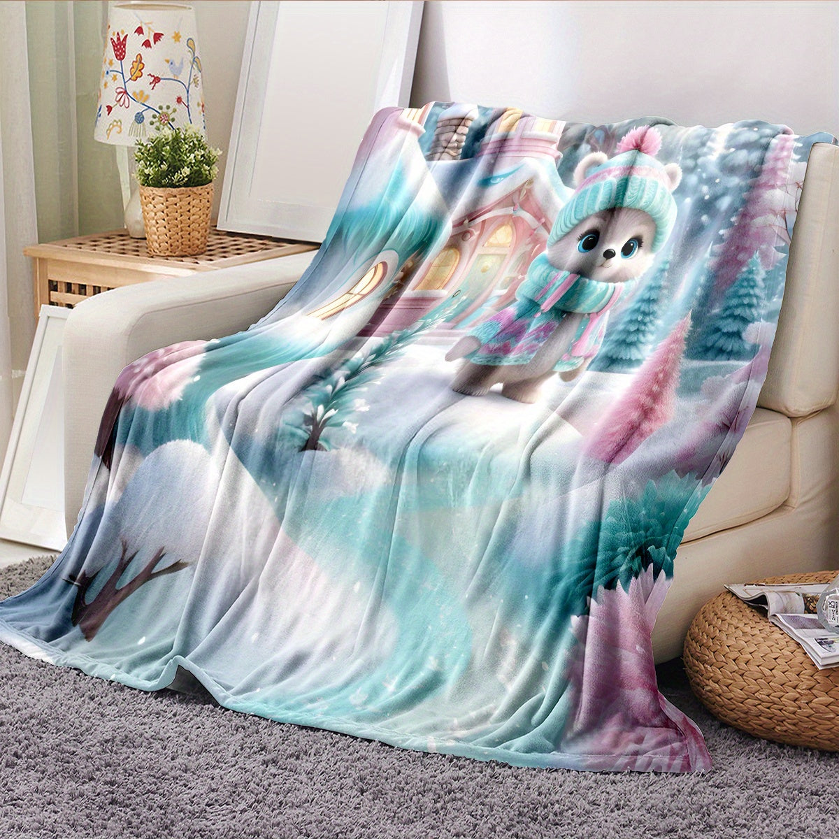 Stay warm and cozy with our winter wonderland flannel throw blanket featuring a cute bear and fairy tale house design. This blanket is soft, warm, and lightweight, perfect for use on your sofa, bed, while traveling, camping, or in your living room or