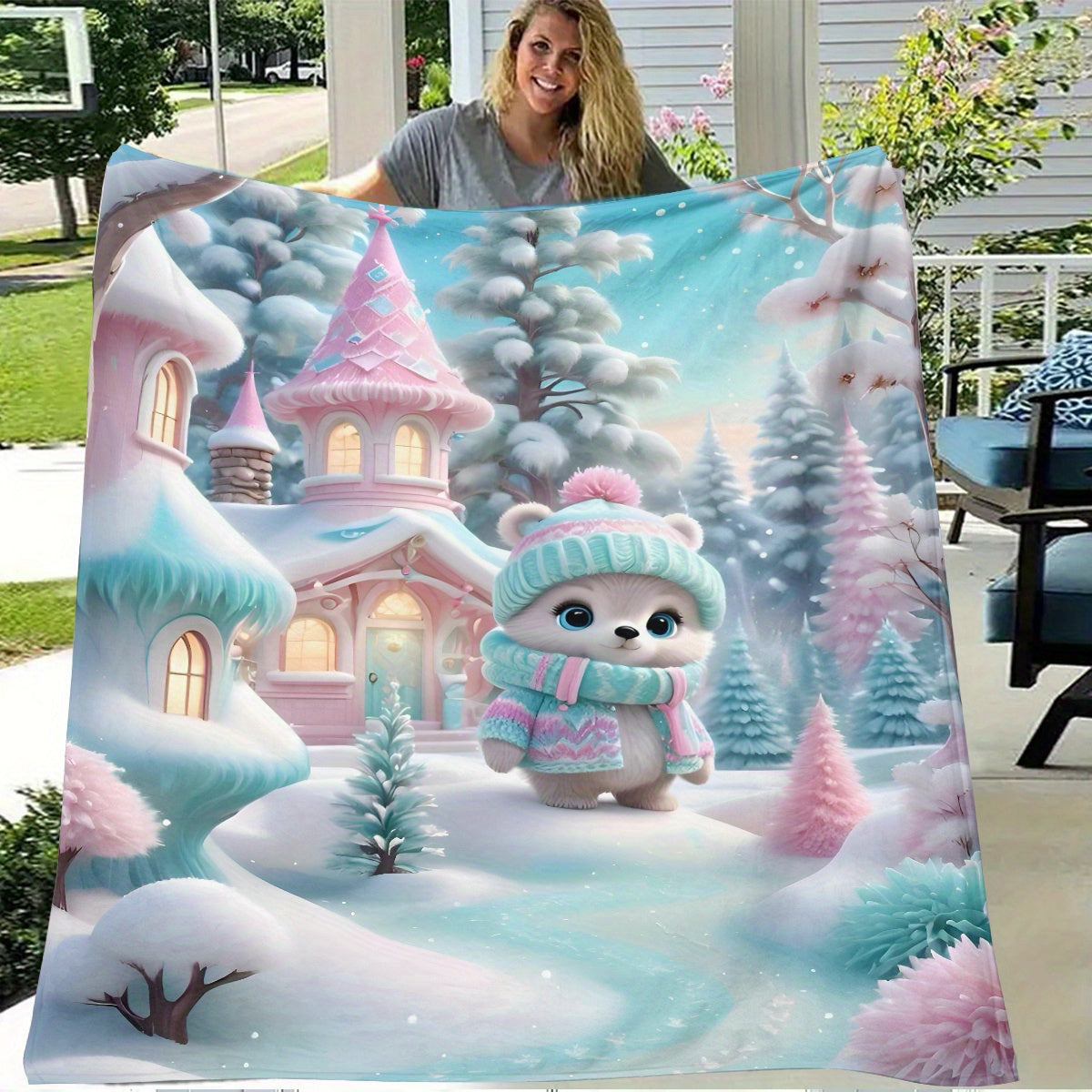 Stay warm and cozy with our winter wonderland flannel throw blanket featuring a cute bear and fairy tale house design. This blanket is soft, warm, and lightweight, perfect for use on your sofa, bed, while traveling, camping, or in your living room or