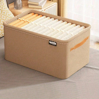 Sturdy and durable steel rimmed storage box, does not have a lid. Can be stacked in wardrobe for easy organization of clothes, with handles for convenient carrying.