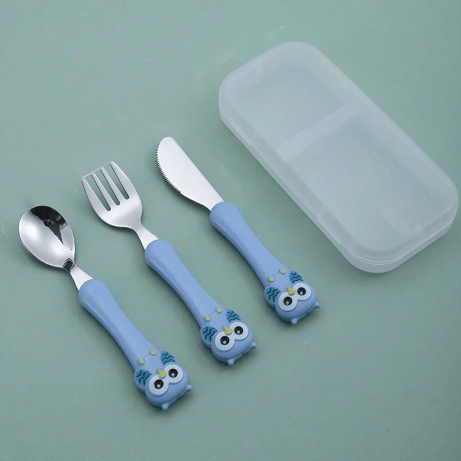 Set of 3 Stainless Steel Kids' Utensils with Storage Box - BPA-Free, Includes Blue Feeding Spoon and Fork for Children