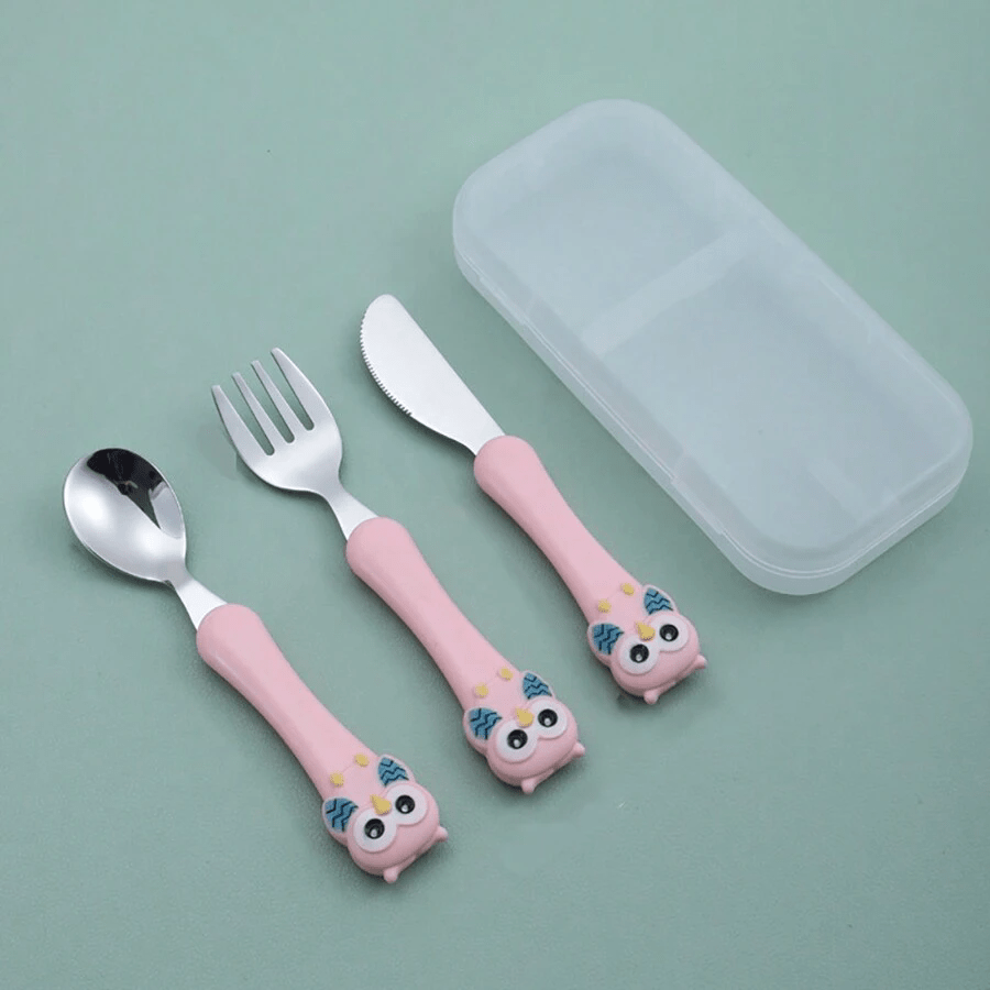 Set of 3 Stainless Steel Kids' Utensils with Storage Box - BPA-Free, Includes Blue Feeding Spoon and Fork for Children