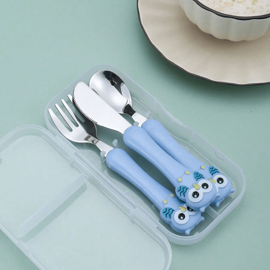 Set of 3 Stainless Steel Kids' Utensils with Storage Box - BPA-Free, Includes Blue Feeding Spoon and Fork for Children