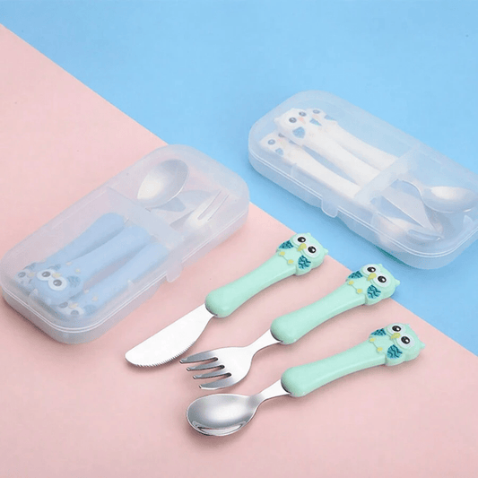 Set of 3 Stainless Steel Kids' Utensils with Storage Box - BPA-Free, Includes Blue Feeding Spoon and Fork for Children