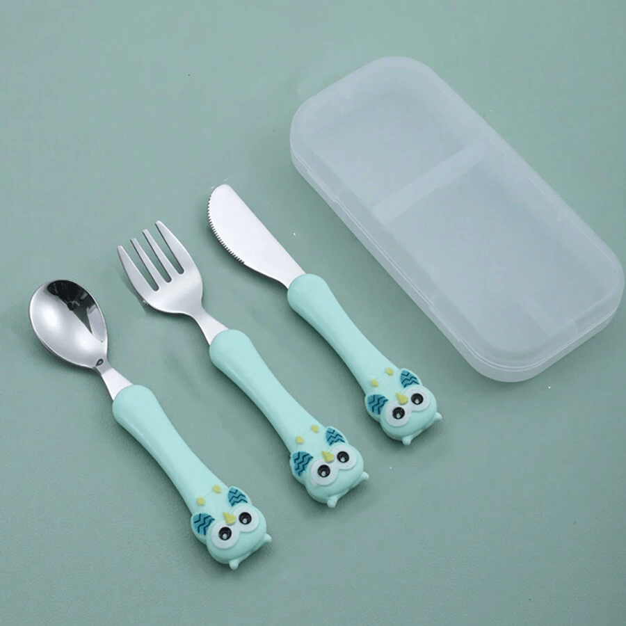 Set of 3 Stainless Steel Kids' Utensils with Storage Box - BPA-Free, Includes Blue Feeding Spoon and Fork for Children