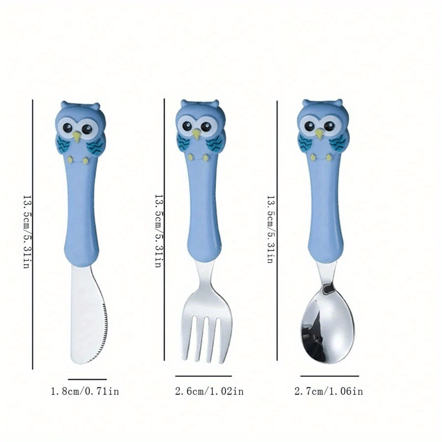 Set of 3 Stainless Steel Kids' Utensils with Storage Box - BPA-Free, Includes Blue Feeding Spoon and Fork for Children