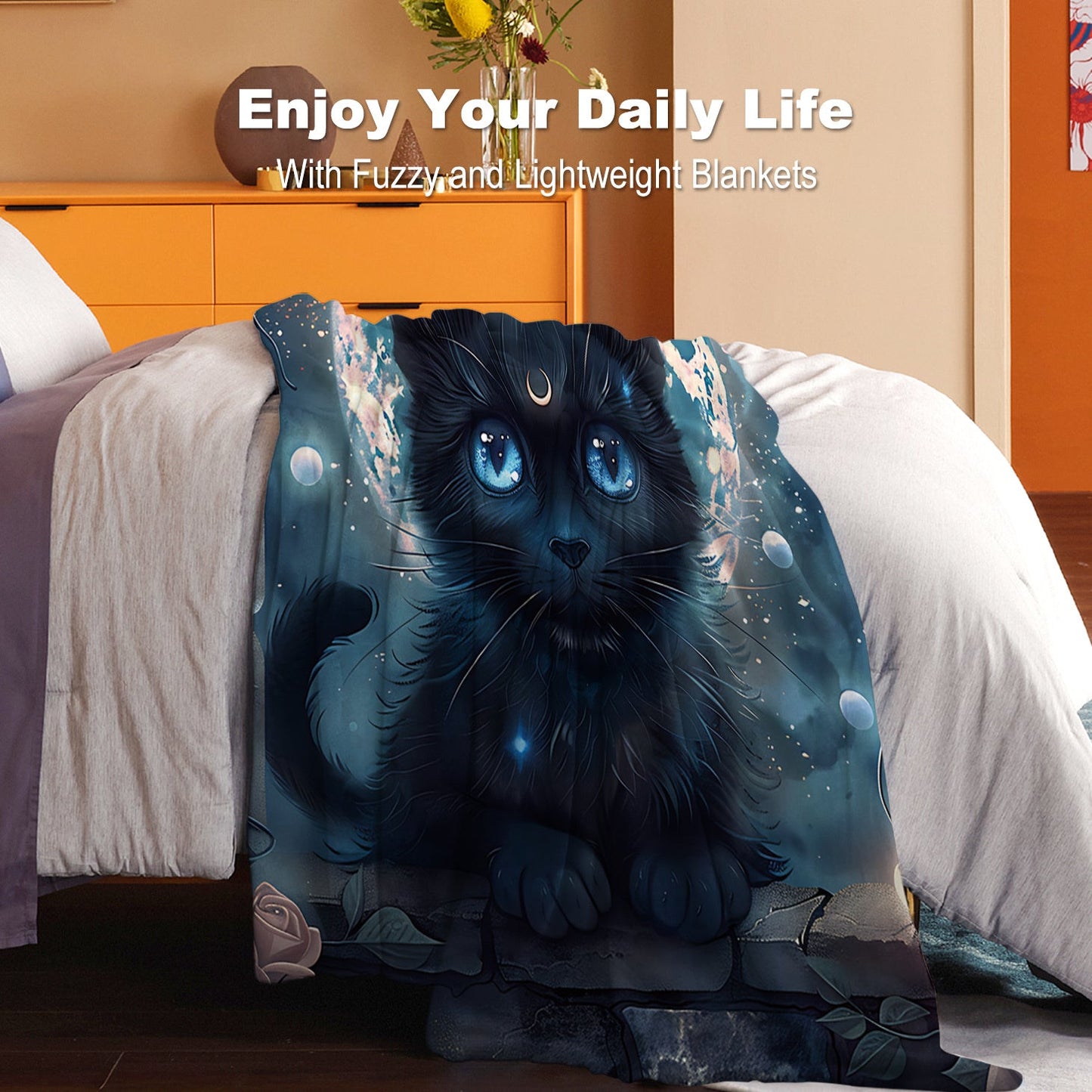 Soft and cozy Cat Print Flannel Blanket perfect for bed, sofa, office, or travel. Made from lightweight polyester with a contemporary digital print design. Versatile for all-season use with a fabric weight of 200-250g. Ideal for gifting or taking on