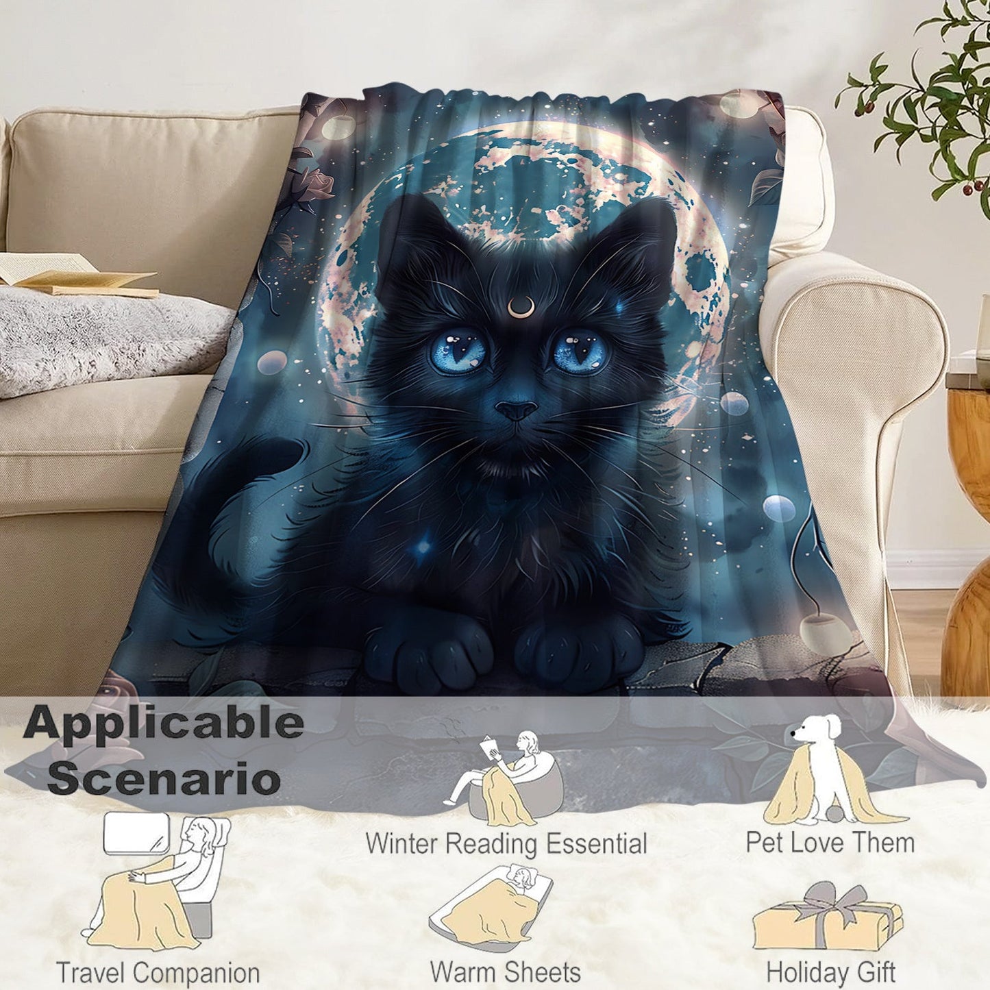 Soft and cozy Cat Print Flannel Blanket perfect for bed, sofa, office, or travel. Made from lightweight polyester with a contemporary digital print design. Versatile for all-season use with a fabric weight of 200-250g. Ideal for gifting or taking on