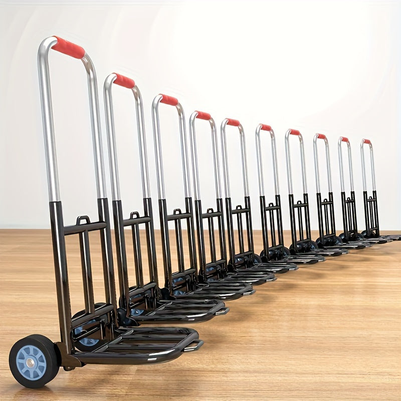 Foldable iron frame cart with rubber wheels, 99.79 KG capacity, ideal for stairs and steady surfaces. Includes 3 ropes for secure loading. Great for luggage travel.