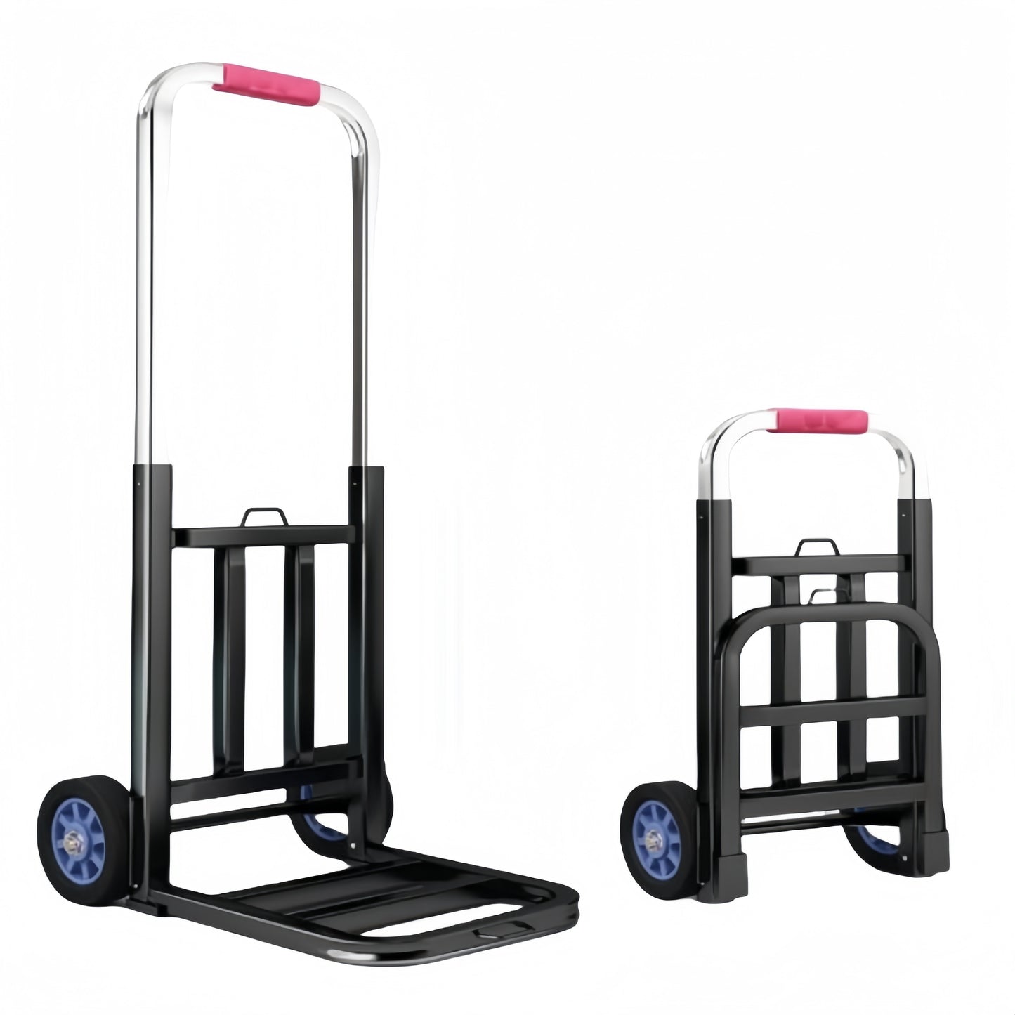 Foldable iron frame cart with rubber wheels, 99.79 KG capacity, ideal for stairs and steady surfaces. Includes 3 ropes for secure loading. Great for luggage travel.