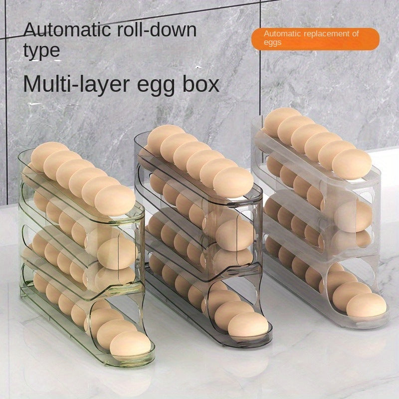 Durable 4-tier egg holder with auto-roll feature for large capacity refrigerator and kitchen storage.