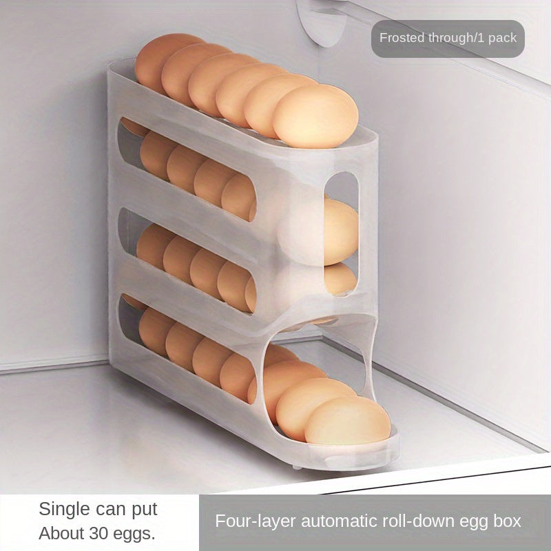 Durable 4-tier egg holder with auto-roll feature for large capacity refrigerator and kitchen storage.