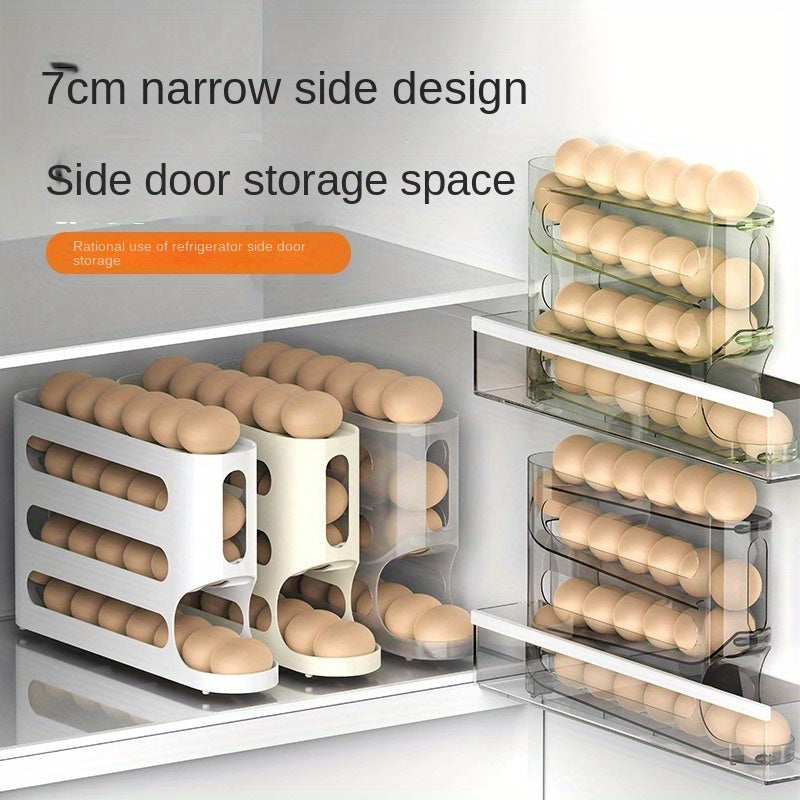 Durable 4-tier egg holder with auto-roll feature for large capacity refrigerator and kitchen storage.